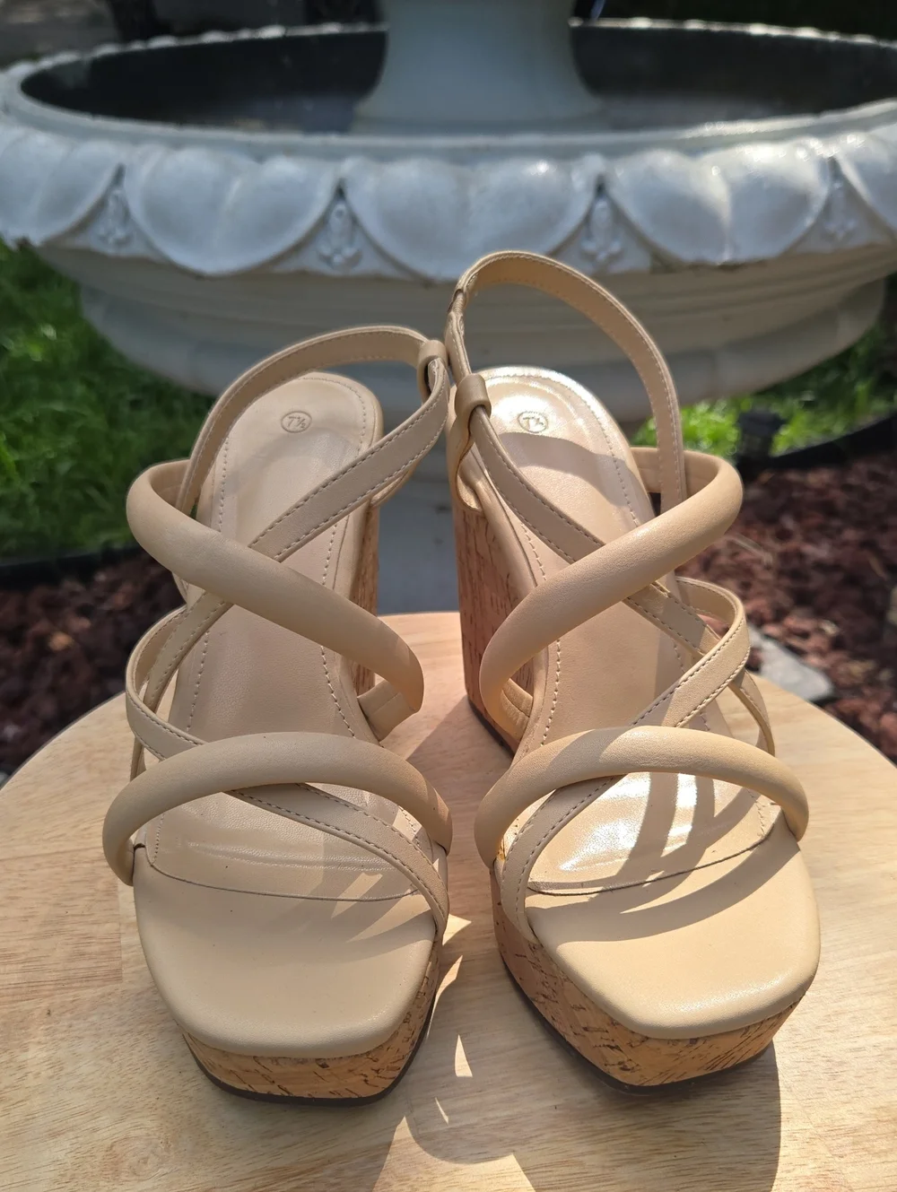 Neutral Beige Cork Platform Strappy Sandals - Women